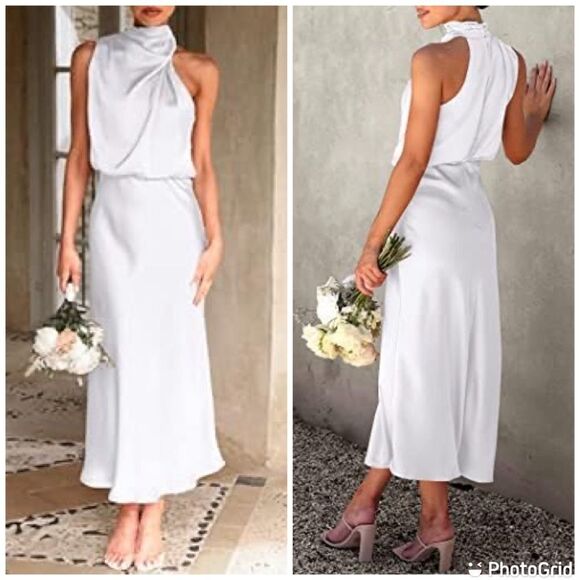 Prettygarden New Satin Elegant Sleeveless Mock Neck Cocktail Party Maxi Dress - Picture 1 of 13